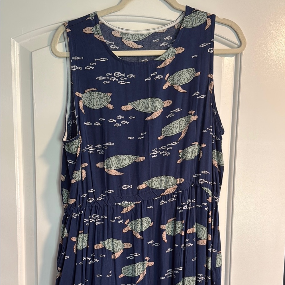 Navy Sleeveless Dress with Turtle Print